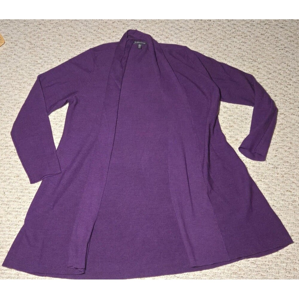Eileen Fisher Open Front Long Sleeve Cardigan Purple Women's Medium Wool